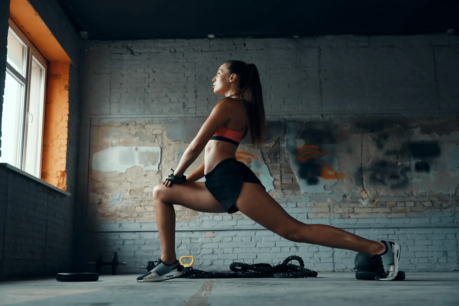 femeie tanara facand exercitii de stretching in interior
