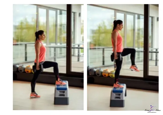 Dumbbell step-ups – Urcare pe stepper